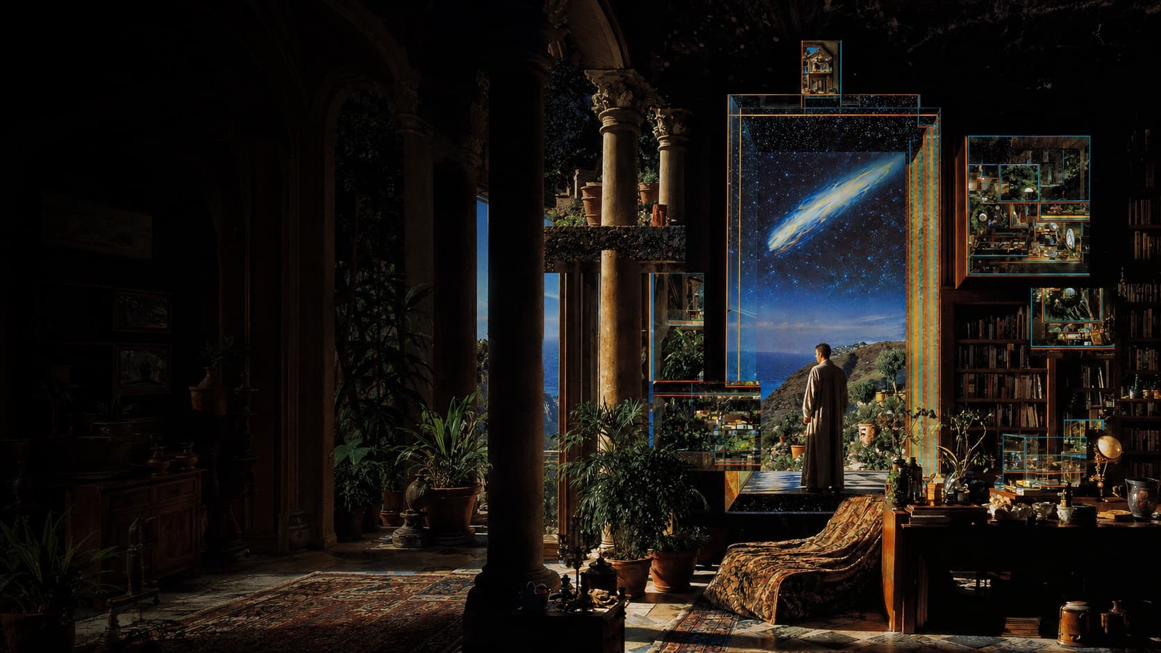 A person standing before a cosmic doorway in a layered memory room
